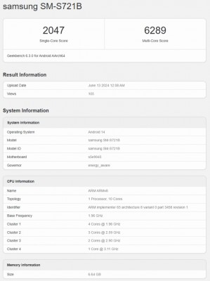 Samsung Galaxy S24 FE (SM-S721B) result from Geekbench 6.3.0